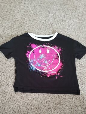 Justice Black Tee with Pink and Blue Paint-Splash Smiley